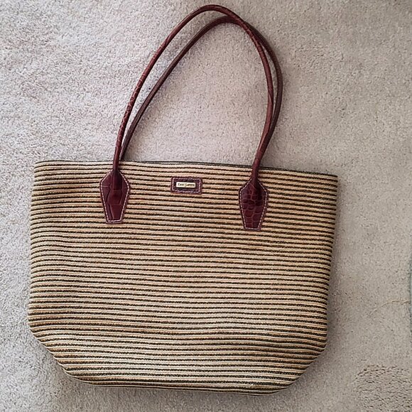 Eric Javits Raffia Beige Weaved Tote Shoulder Bag Croc Embossed Leather Trim - Picture 1 of 9